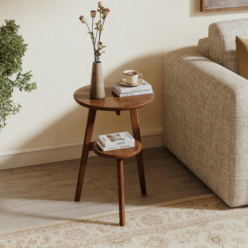 Double-Tiered Solid Wood Minimalist Side Table, Brown