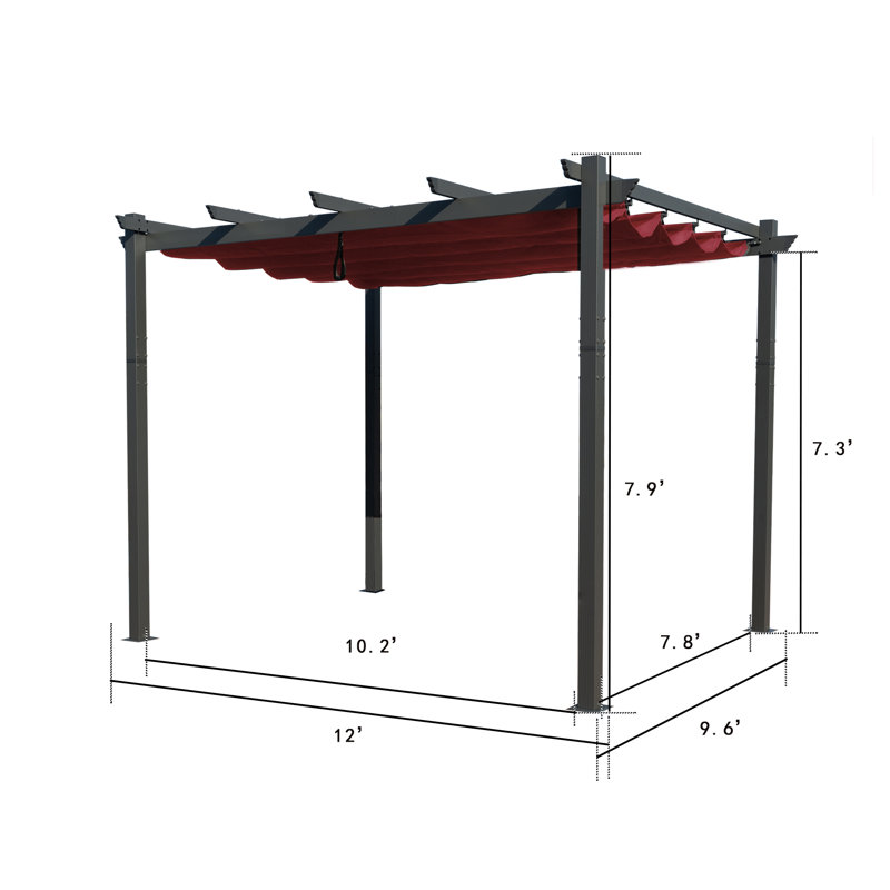 Kozyard Morgan Outdoor Aluminum Pergola with Blue Retractable Sun Shade Canopy, Burgundy, 10 ft. W x 12 ft. D