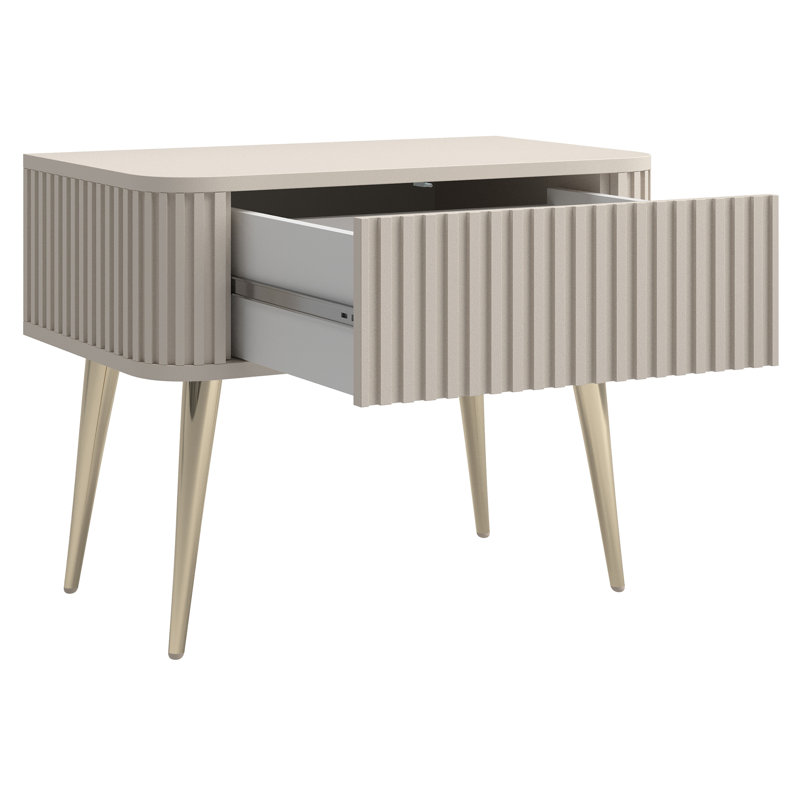 Nightstand with Fluted Design and Drawer, Gray-Beige with Gold Legs