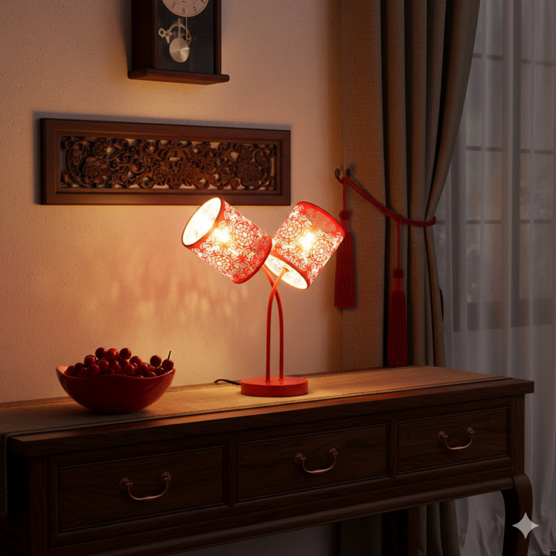 Lampe de table cylindrique de 17 pouces avec un motif cachemire bohémien, offrant deux sources de lumière et finie en rouge