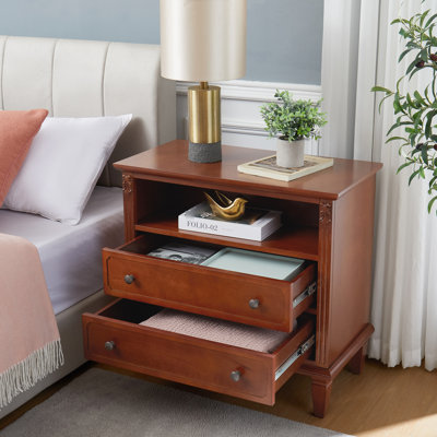 Table de chevet à conception réfléchie avec ports, 2 tiroirs, tablette ouverte, pieds et tiroirs en bois massif en noyer: construction, intérieur spacieux