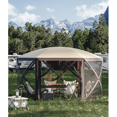Heavy Duty 12x12 FT Hexagon Pop-Up Gazebo – Mesh Screen, 6 Removable Side Curtains, Waterproof UV Patio Canopy Shelter – Portable with Carry Bag – Outdoor Lawn, Backyard, Camping – Beige