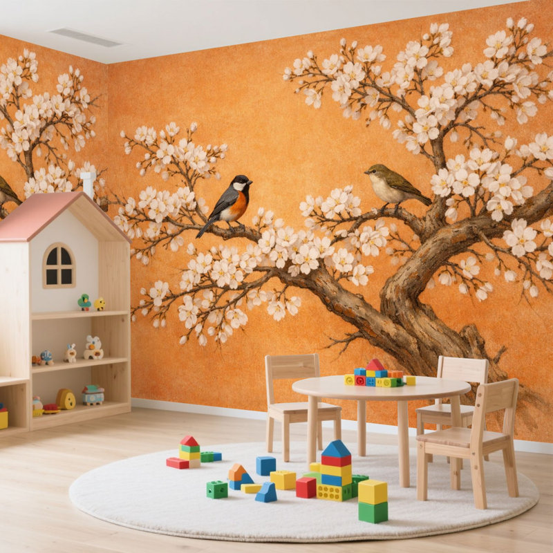 Papier peint adhésif auto-adhésif moderne pour la chambre à coucher avec oiseaux de cerisier en fleurs, impression élégante orange L 144 po x l 100 po Peel and Stick