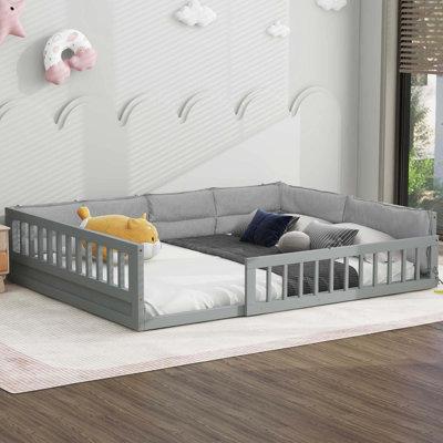 Full Size Upholstered Platform Bed With Guardrail And Pillow
