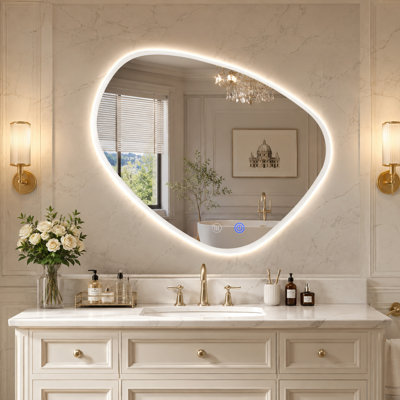 Irregular Frameless LED Bathroom Mirror with Defogger, 3-Color Dimmable Touch Light