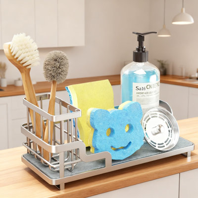 Kitchen Sink Sponge Holder With Diatomite Stone Tray - Detachable Stainless Steel Sink Caddy Organizer For Sponges And Brushes, Countertop Or Sink Mount