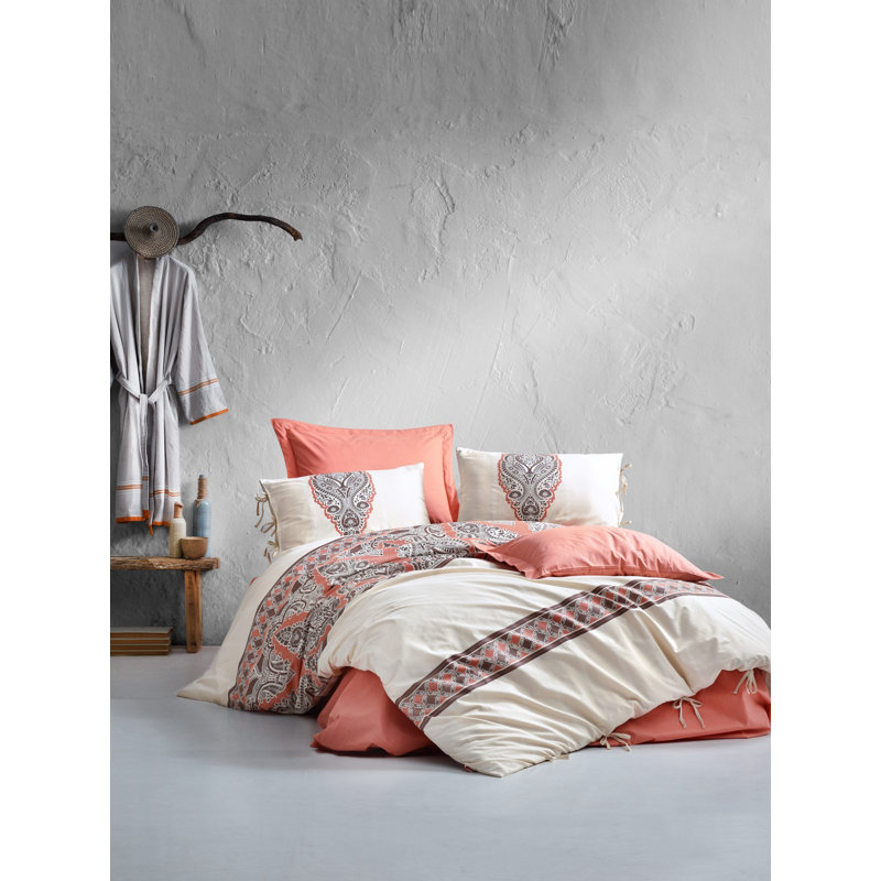 Ensemble de housse de couette 100% coton 4 pièces rouge / brun / blanc Schoenbeck