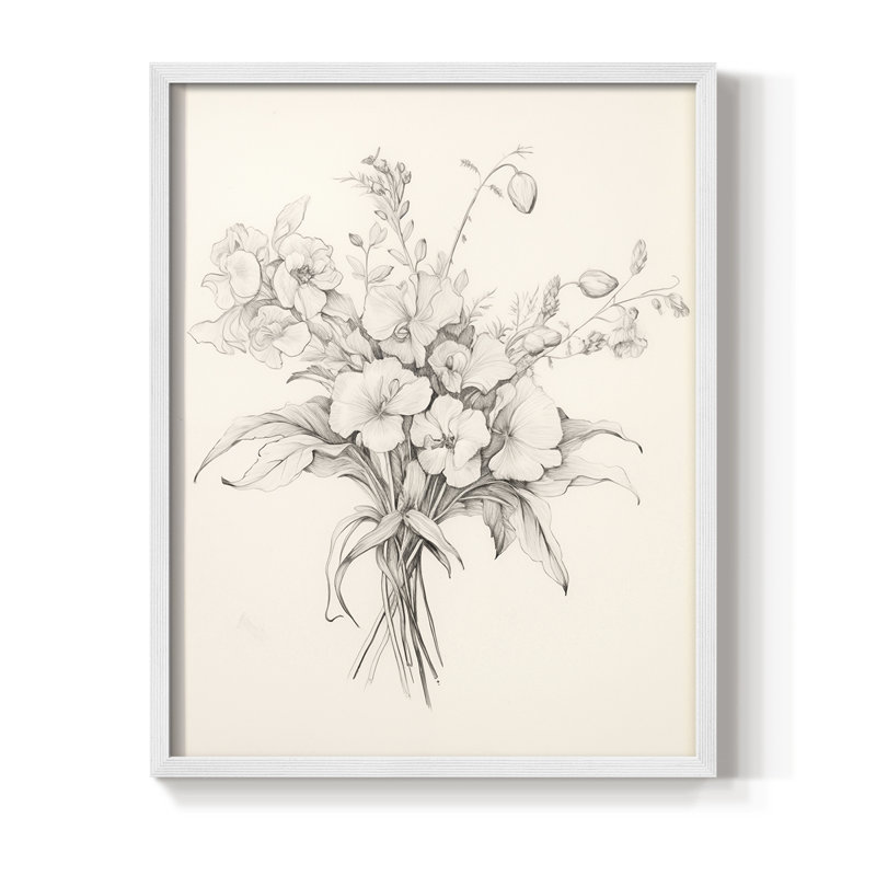 Reproduction florale rétro encadrée - bois massif, H 11 po x l 9 po, Blanc
