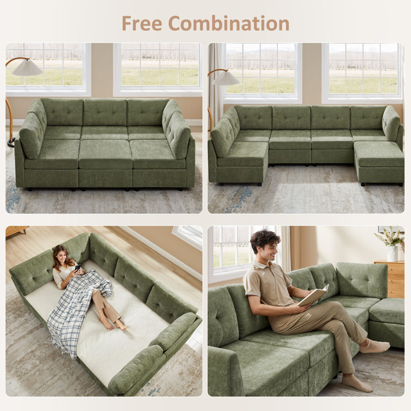 Chenille Upholstered Sectional Sofa Couch With Ottoman, Green Polyester