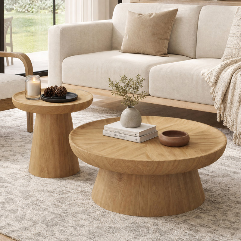 Ensemble de 2 tables basses rondes en bois naturel, ensemble de tables basses gigognes en bois massif pour le salon