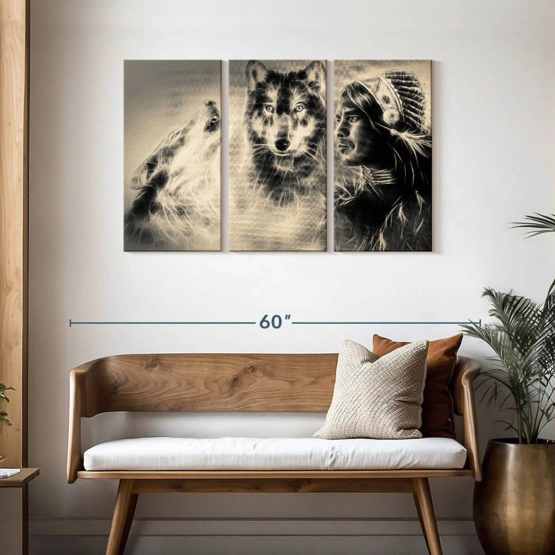 Leisha Native American Wolf Warrior, 28" H x 45" W