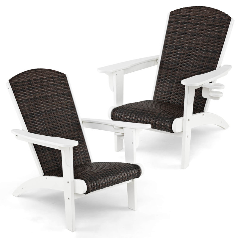 Set of 4 Adirondack Chair w/ Rattan Padded Seat & Back Wide Hidden Cupholder Patio, White