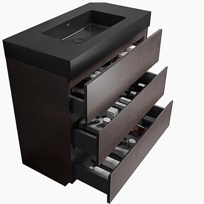 Coiffeuse en noyer avec lavabo, grande coiffeuse indépendante avec rangement, lavabo intégré moderne sans drainage et robinet, pré-assemblé