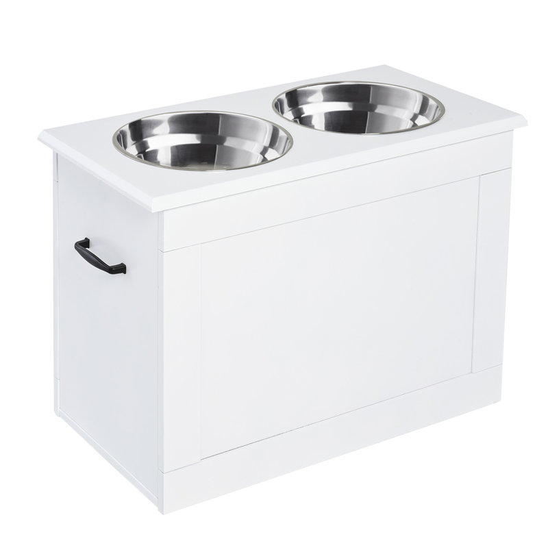 White Elevated Pet Feeder with Stainless Steel Bowls and Storage