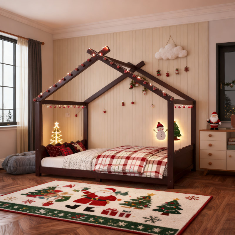 Lit de maison avec lattes de soutien, structure en bois massif pour enfants, aucun sommier requis, assemblage facile, Double