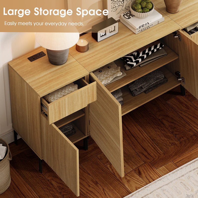 94.5" Reeded Accent Cabinet Set With Doors And Adjustable Shelves, Modern Credenza Storage Cabinet With Charging Station For Living Room, Kitchen, Dining Room, Hallway