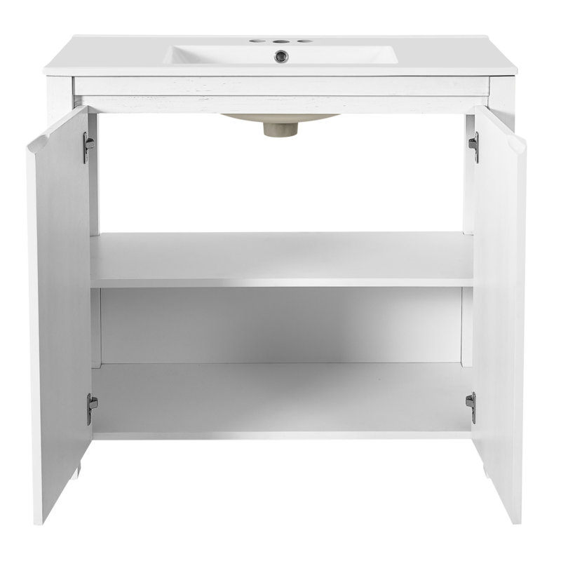 Meuble-lavabo de 36 po blanc antique avec lavabo en céramique, espace de rangement spacieux, attrait rustique et sensation de bon fonctionnement avec des compartiments spacieux, style rétro, processus d'assemblage simple