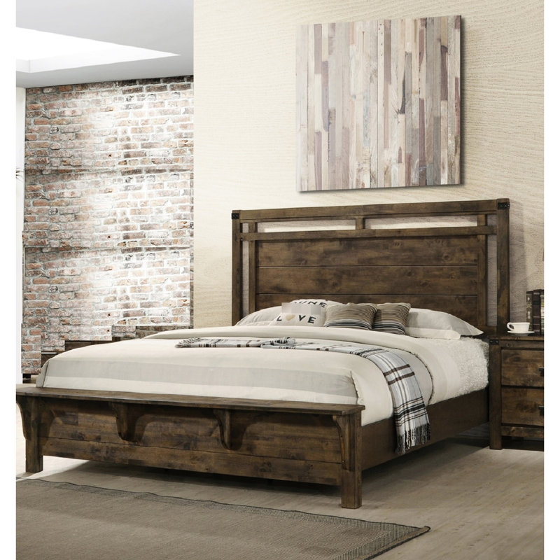 Grand lit rustique pour chambre à coucher, saveur industrielle, meubles en bois massif, finition brune contemporaine, avec banc