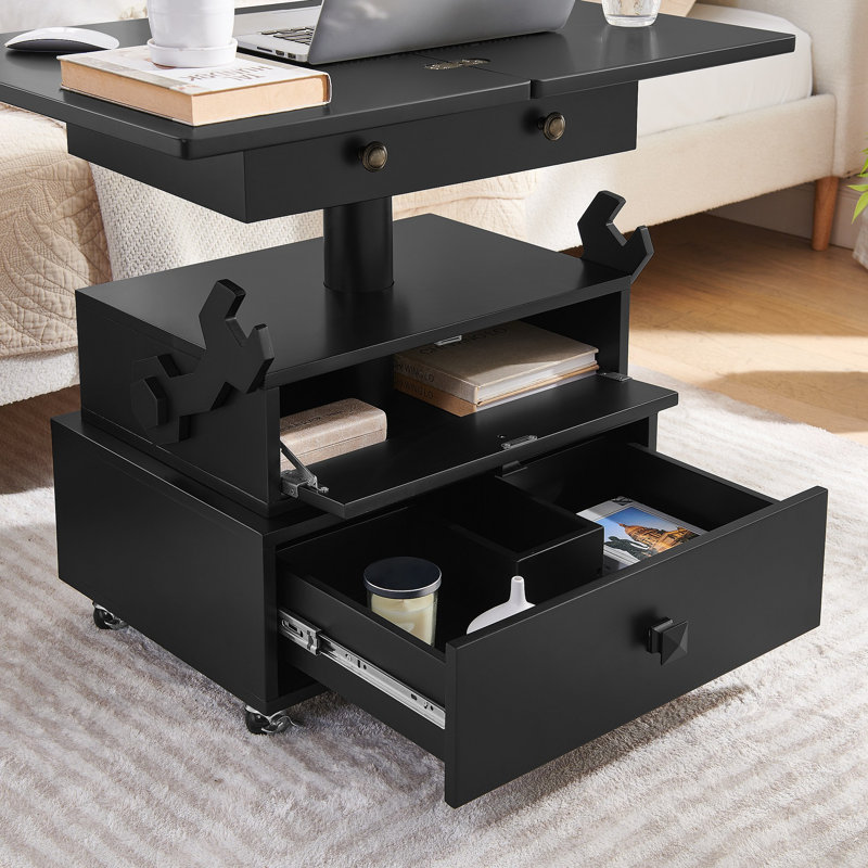 Table de bout roulante à hauteur réglable laquée ultrabrillante avec station de charge et roues universelles avec freins, table à plateau relevable multifonctionnelle avec tiroirs de rangement