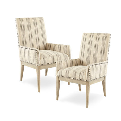 De 2 fauteuils de salle à manger à haut dossier - Pieds en bois massif, sièges garnis de bronze, tissu naturel rembourré, garniture décorative Idea, revêtement, solution d'assise