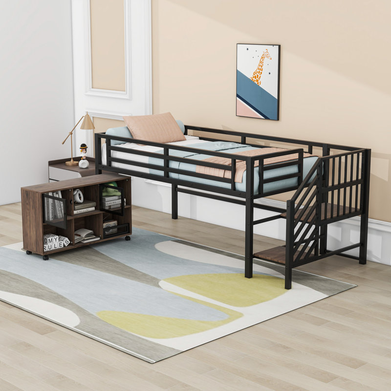 Twin Metal Loft Bed With Storage And Stairs, Black