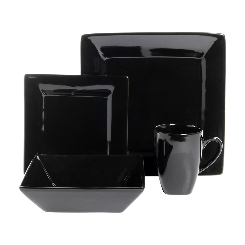 Nova Square Stoneware 38 Piece Dinnerware Set, Service for 6, Black