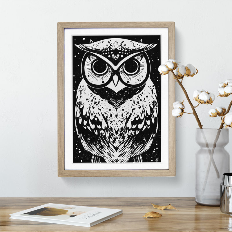 Monochrome Owl - Framed Print, 64cm H x 46cm W x 2cm D, Oak