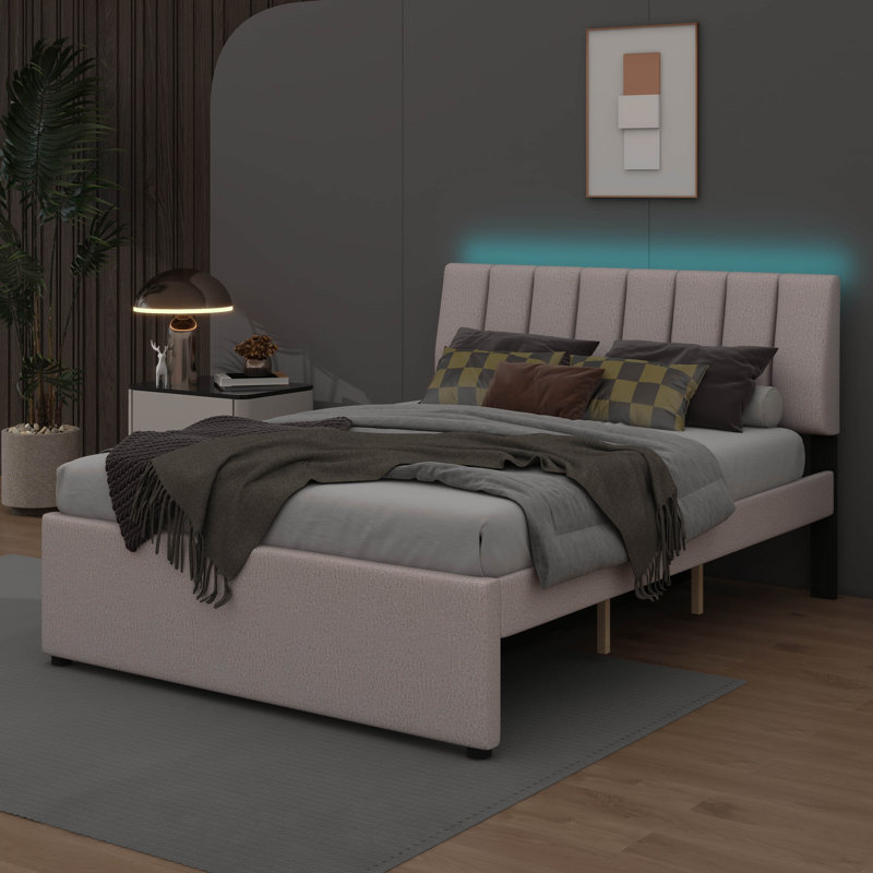 Lit plateforme rembourré Teddy, Beige, Lit double