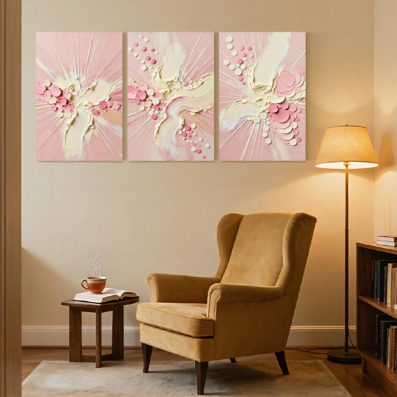 Abstrait rose crème à motif floral abstrait, ensemble de 3 impressions sur toile, H 18 po x l 36 po