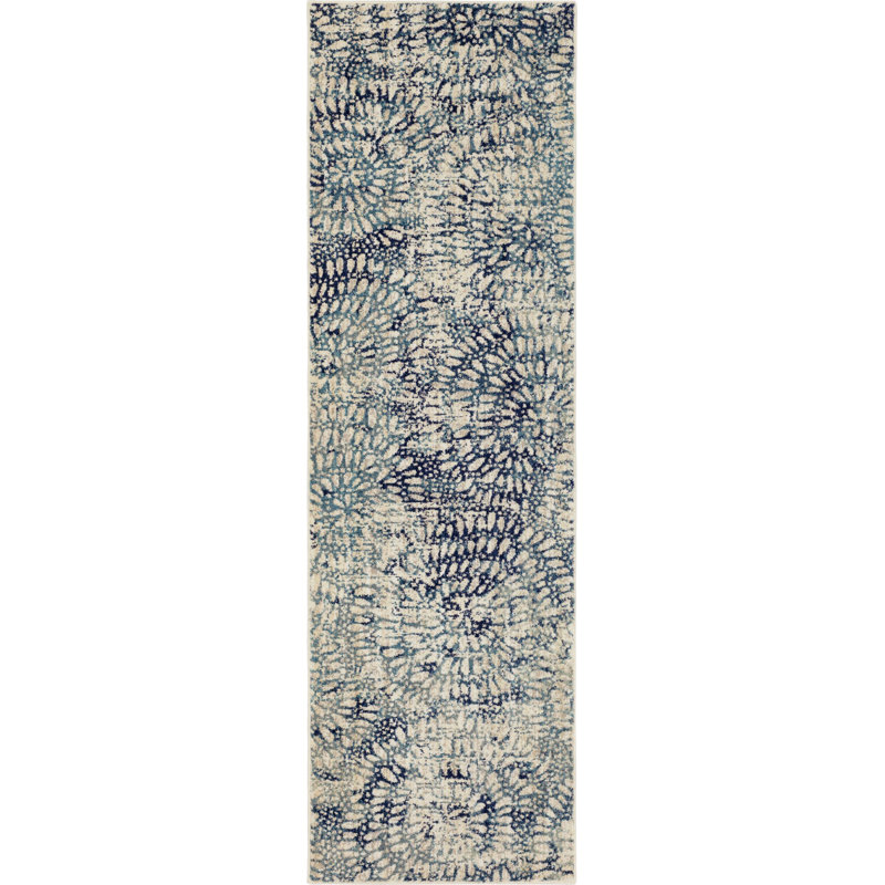 Gray and Blue Floral Synthetic Runner Rug