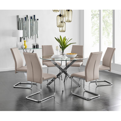 Tierra Sleek Metal and Glass Round Dining Table Set with 6 Faux Leather Upholstered Dining Chairs