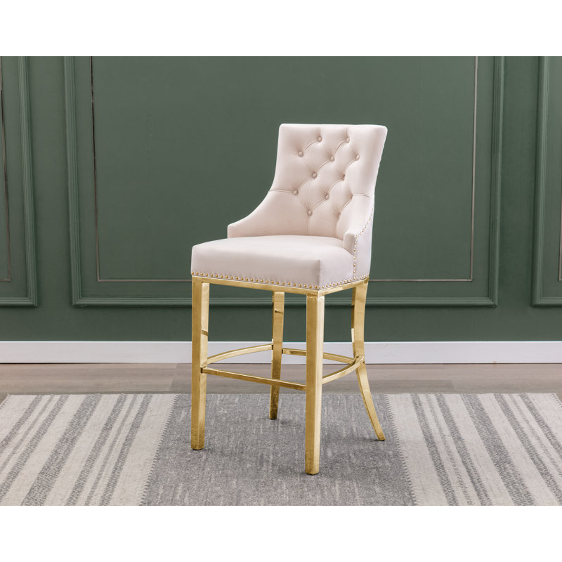 Kairin Upholstered Counter Stool, Barstool (45" Seat Height), Cream Velvet / Gold
