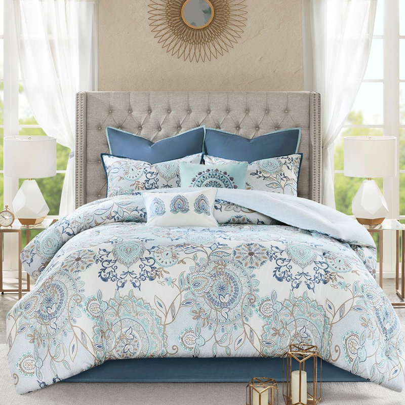 Édredon très grand lit bleu 8 pièces - motif floral aquarelle, impression de coton botanique réversible en tissu lavable à la machine, oreillers