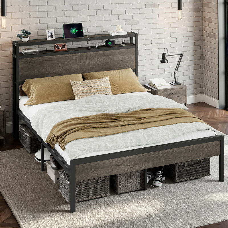 Structure de lit double avec tête de lit et station de charge Tryston, gris, Double, Grey