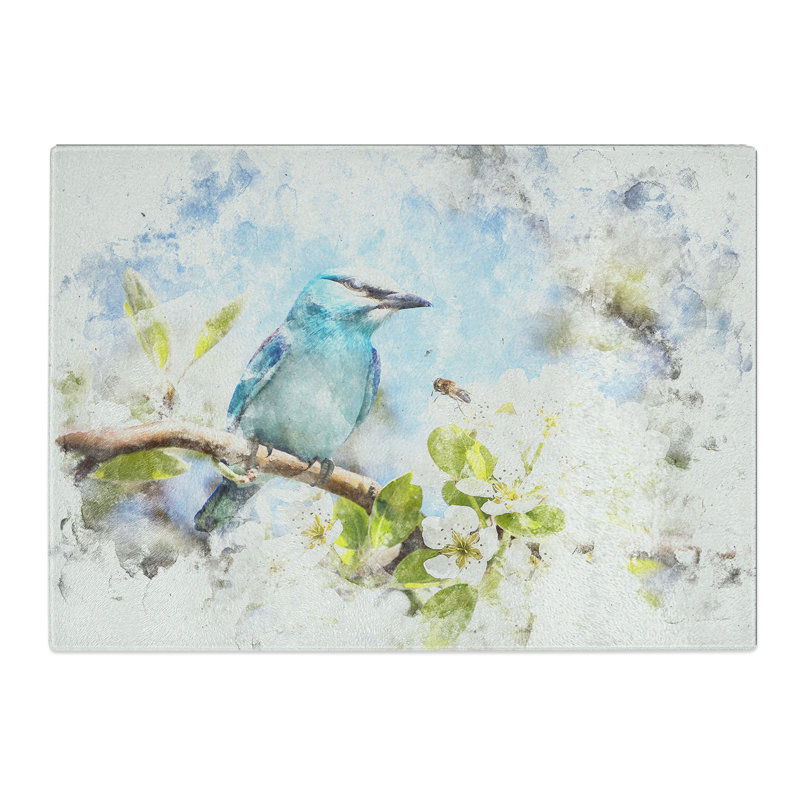 Tempered Glass Blue Bird and Cherry Blossom Tree Chopping Board, 28.5 cm x 39 cm