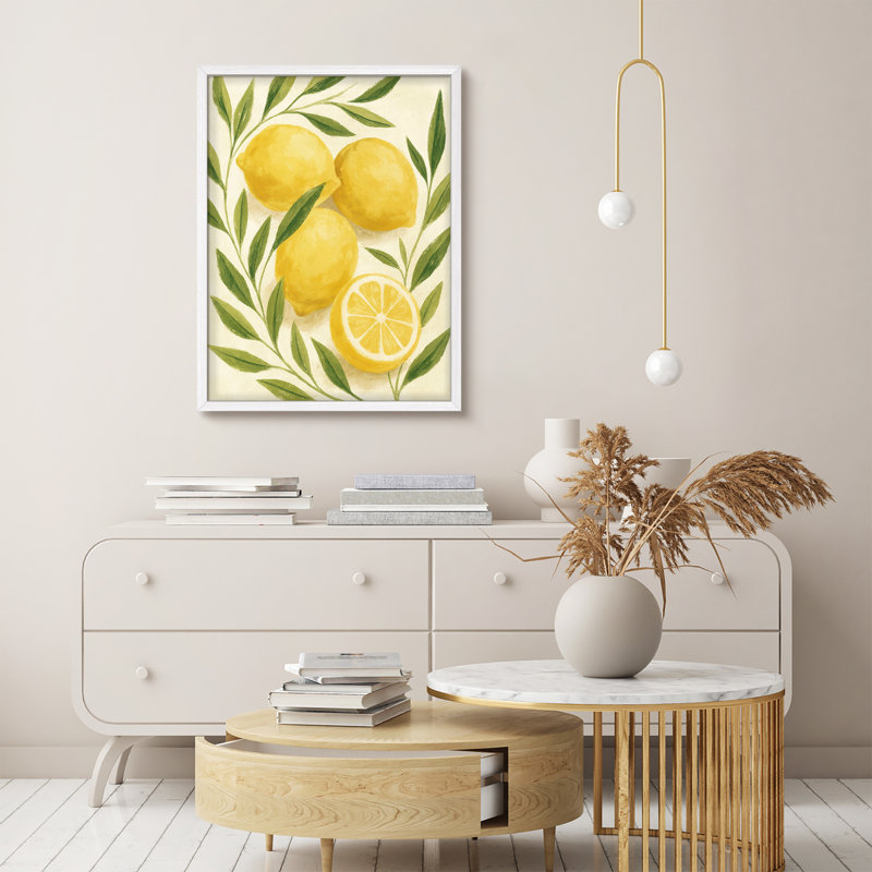 Art mural encadré botanique citron - impression d'agrumes jaunes frais pour la cuisine ou la salle à manger, Blanc