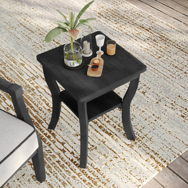 Outdoor 14.9" W Dual-Level Design Solid Wood Teak Side Table, Black