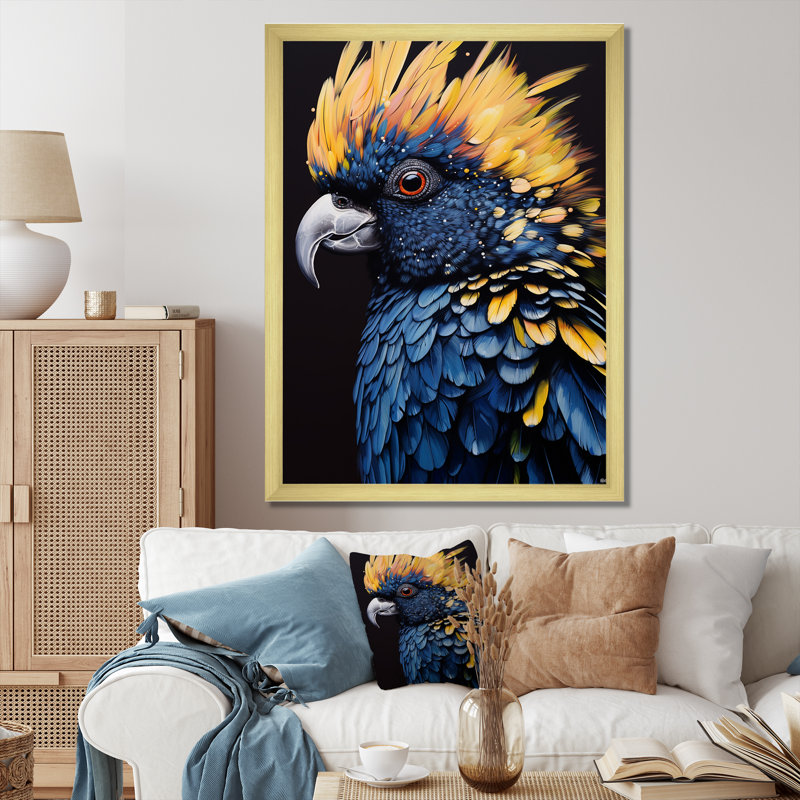 «Blue and Yellow Feathered Majesty Parrot IV», art mural perroquet, Cadre doré simple, H 32 po x l 24 po x P 1 po