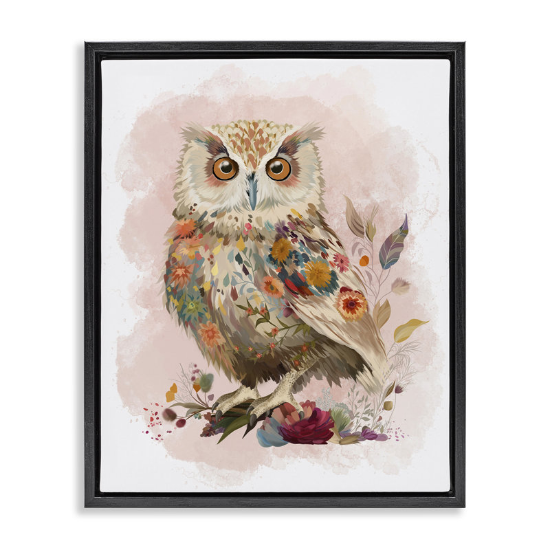 Art mural sur toile Owl & Wild Blooms par Fab Funky, Cadre flottant noir de jais, H 21 po x l 17 po