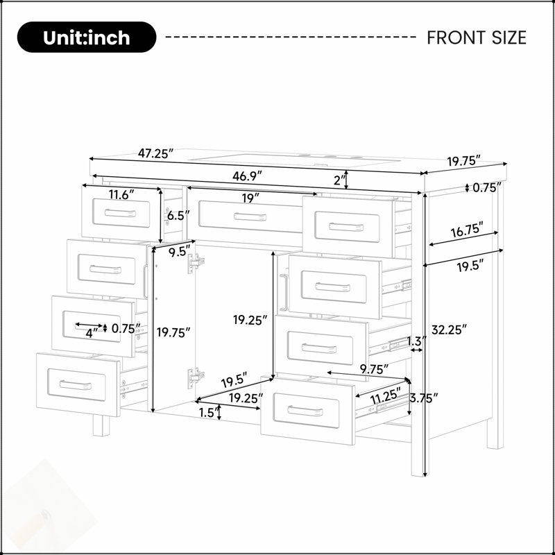 Meuble-lavabo de 48 po avec lavabo, portes et tiroirs à fermeture en douceur, design classique et durable pour des salles de bain élégantes