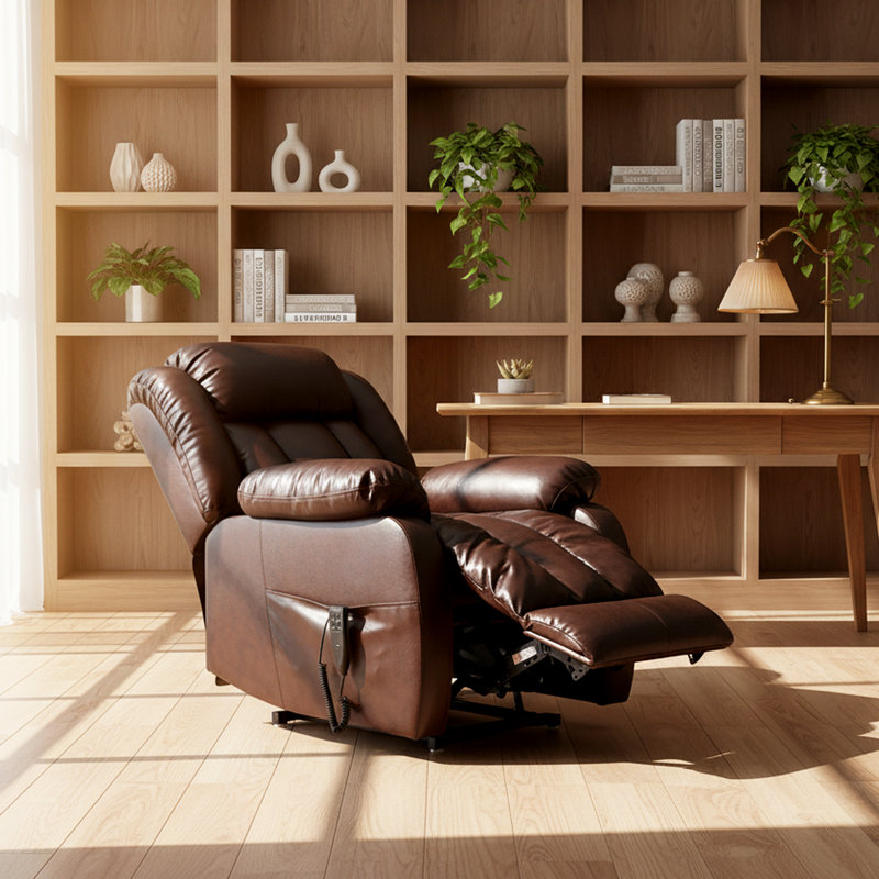 Genuine Leather Power Lift Recliner Chair With Massage And Heat, 350 Lbs Weight Capacity, Dual Motor, Brown
