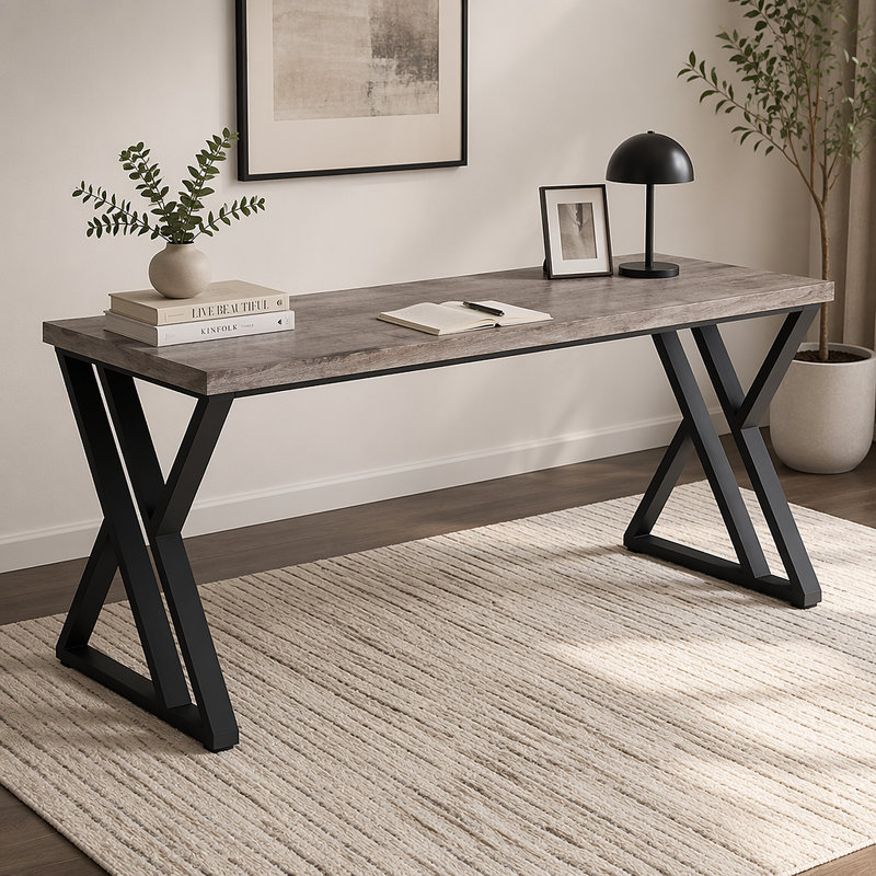 55 Inches Modern Writing Desk With Z-Shaped Metal Legs, Gray