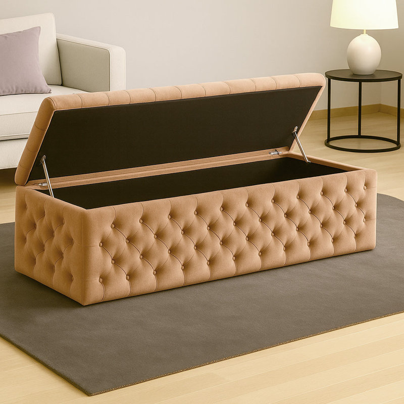 Lux Wide Velvet Chesterfield Rectangle Solid Color Standard Ottoman Box with Storage, Mink, 120cm W x 42cm D x 40cm H