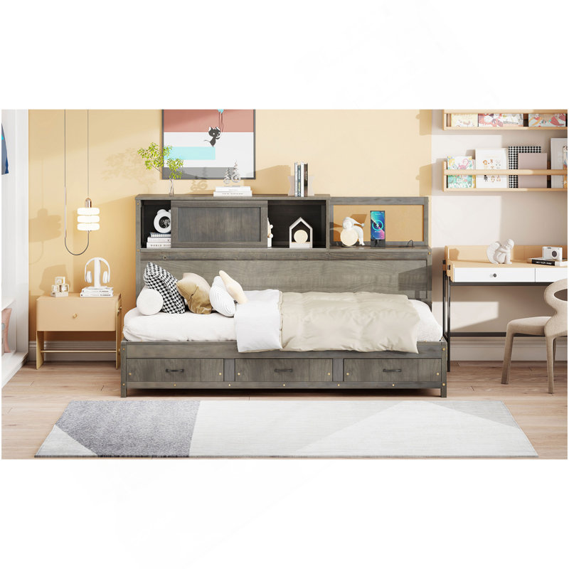 Lit de jour simple en bois avec 3 tiroirs de rangement, tablette souple supérieure, tablette et ensemble de prises et ports USB, gris