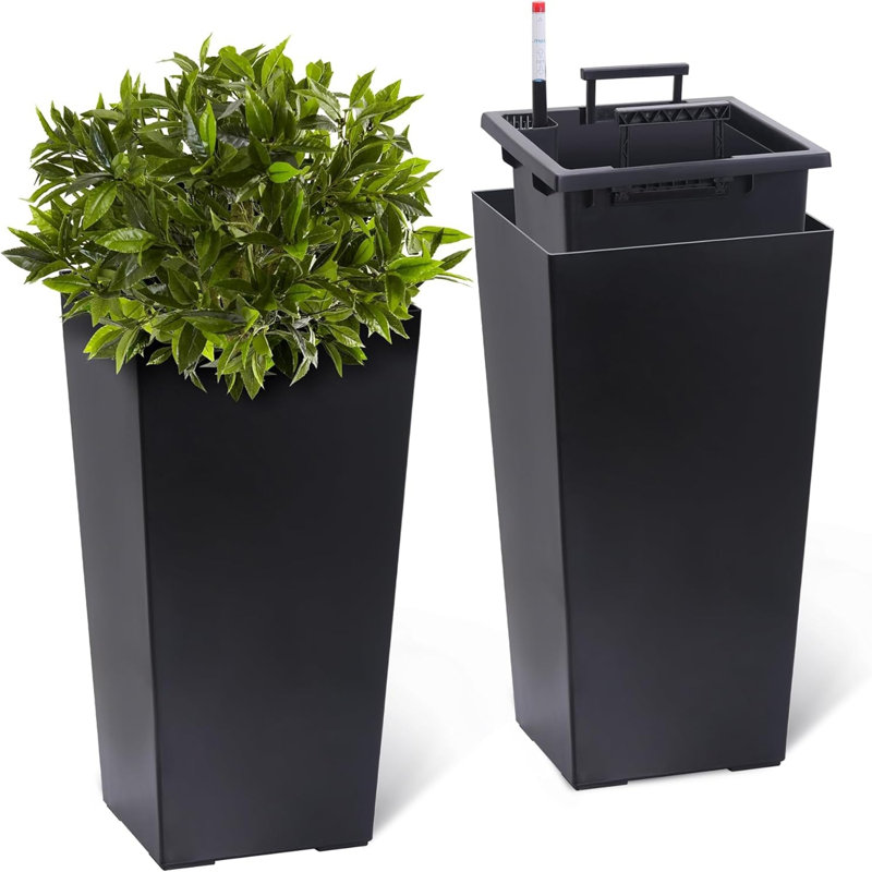 Set of 2 High Front Porch Planter with Water Level Monitor, Drainage Holes, Inner Bucket for Garden, Porch, Patio,Balck