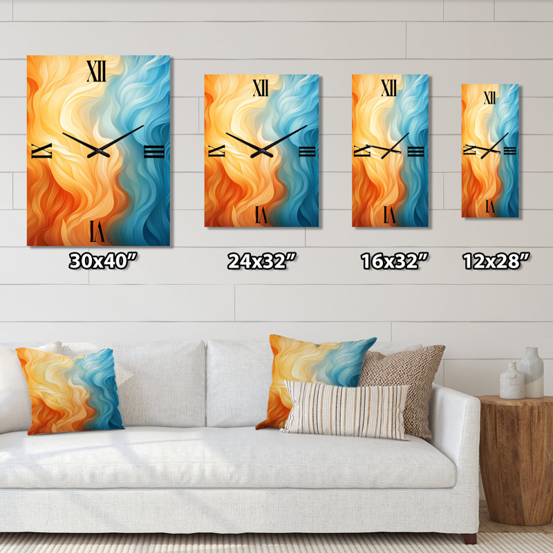 Horloge murale orange vif et turquoise liquide - formes abstraites, Grand