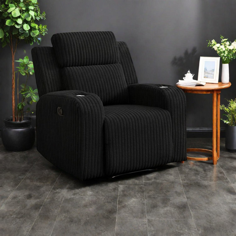 Ensemble de fauteuils inclinables modernes en velours côtelé noir, 1 + 2 + 3 avec USB et haut-parleurs