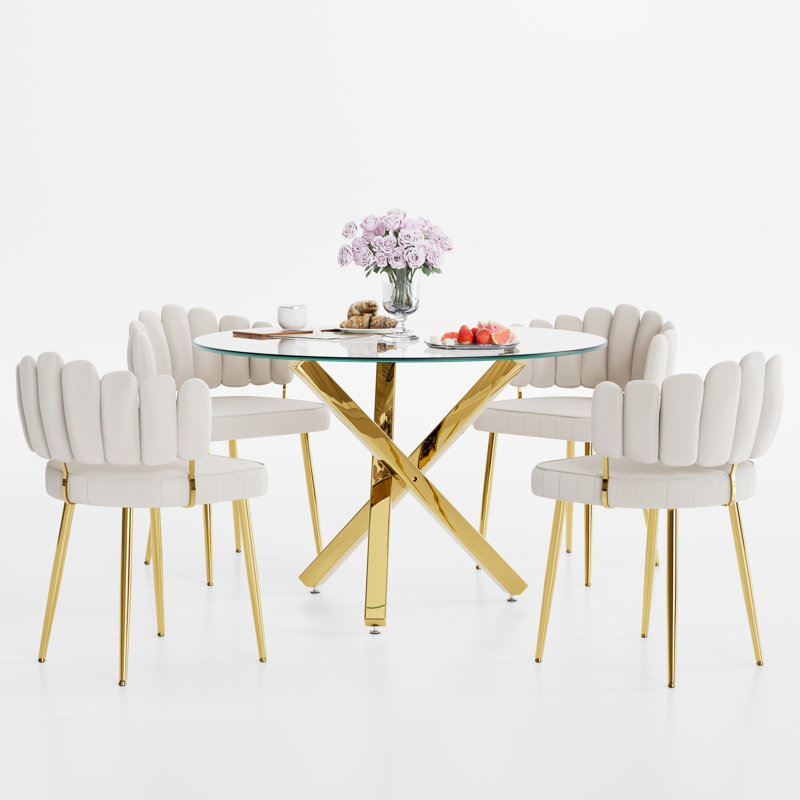 Ensemble de salle à manger rond en verre pour 4-6, 5 pièces: table, 4 chaises, Blanc, H 29,95 po x L 39,37 po x l 39,37 po