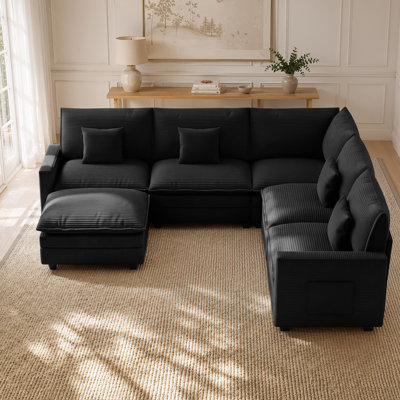 100" Modular Sectional Sofa with Movable Ottoman,Comfortable Upholstery U Shaped Cloud Couch with Throw Pillows,Removable Cover,Modern 6-Seater Sofa