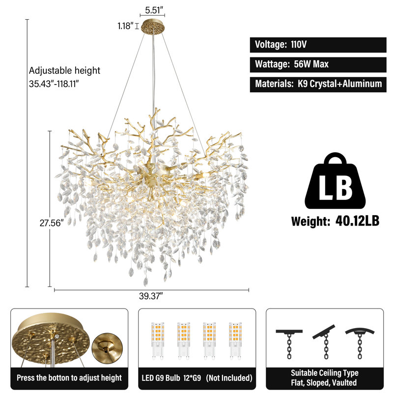 Lustre en cristal chromé 12 lumières Modern, Doré, H 27,56 po x l 39,37 po x P 39,37 po